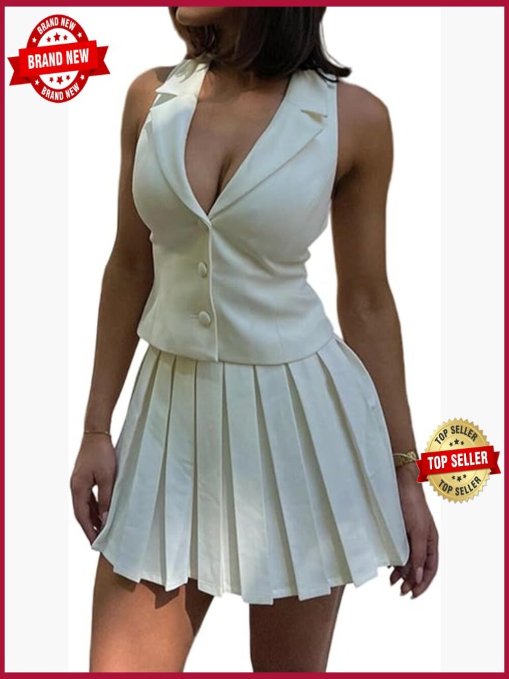 Skirt Suit Set - 2 Piece Blazer Vest & Pleated Mini Skirt